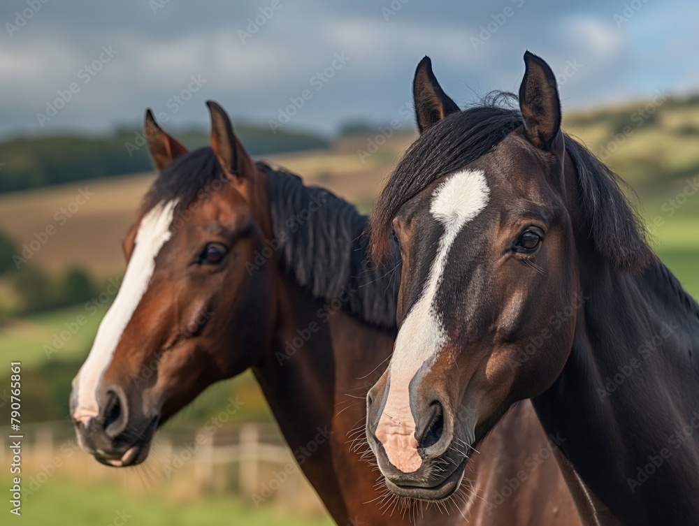 Two horses standing next to each other in a field. The horses are brown and white