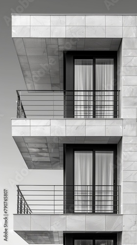 Close-up view of a modern building showcasing urban design elements. exploring the intricate details of modern architectural design with contemporary geometric concrete elements. Minimalist facade