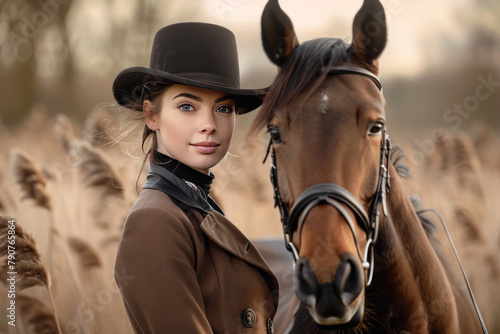 Equestrian in a top hat standing confidently beside her horse in a field