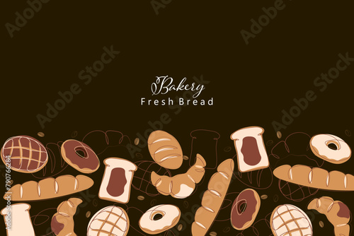 Breads vector illustration background pattern. Baking, bakery, cooking, sweet products, pastries concept. Vector illustrations pattern background for posters, banners, cards, and advertisements.