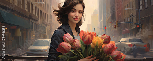 Beautiful woman with tulips bouquet on the city street background. #790766298
