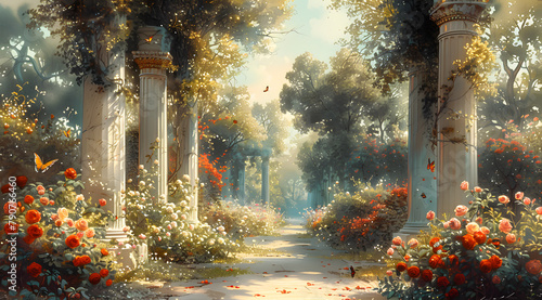 Grecian Tranquility: Lush Watercolor Portrait of a Historical Greek Garden Oasis photo
