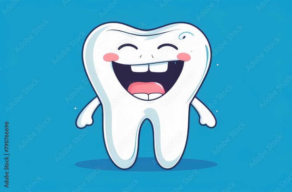 funny cute cartoon character of white tooth on blue background. pediatric dentistry, stomatology funny cute cartoon character of white tooth on blue background. pediatric dentistry, stomatology