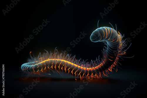 A glowing, long, black, red and yellow creature .  photo