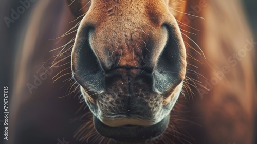 A horse's nostrils up close with blurred background photo