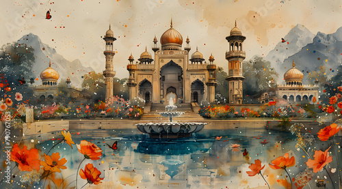 Butterfly Palaces: Intricate Watercolor Painting of a Mughal Garden Retreat photo