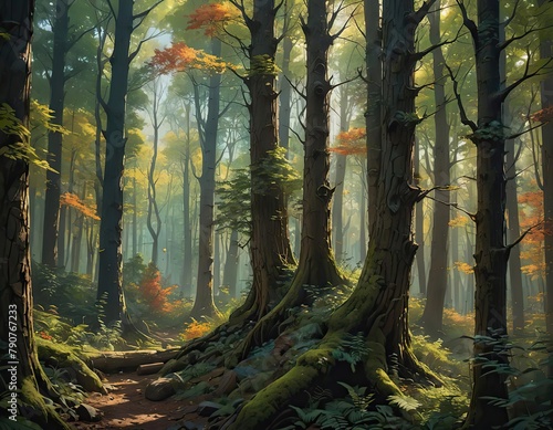Dense forest in autumn illustration