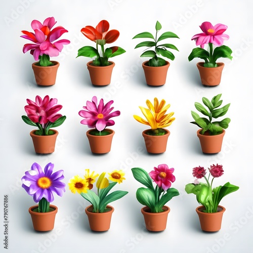 set of icons 3d flowers in pots on a white background