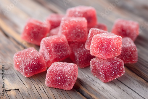 Glossy Raspberry Gelatin Cubes on Vintage Timber