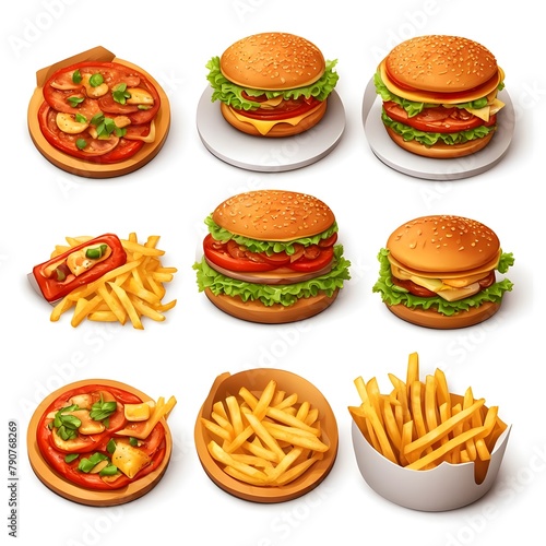 
Fast food set of 3d vector icons. hamburger, brochette, french fries