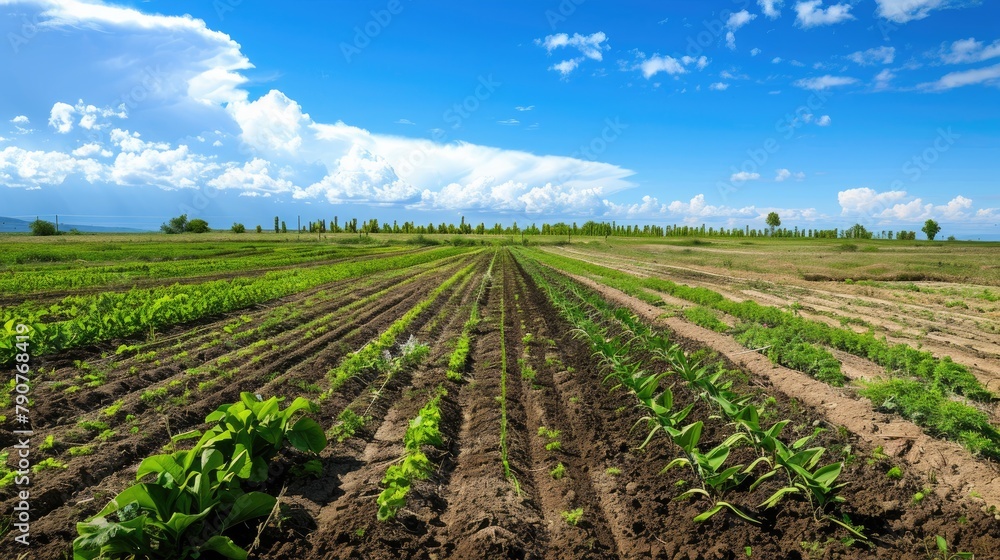 Peanut field in spring with blue sky and white clouds on background