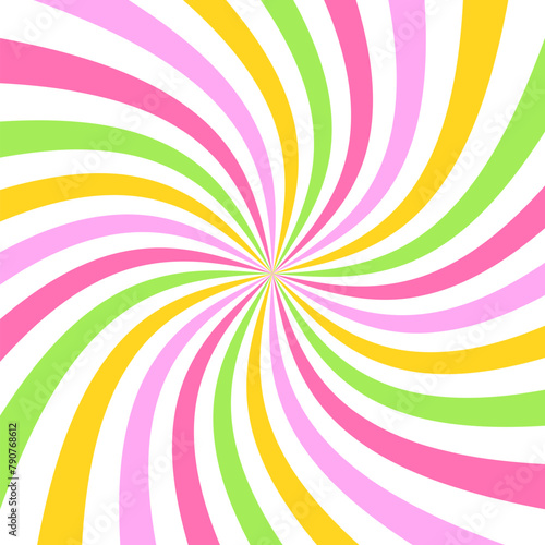 Starburst candy colors swirl. Sun rays background. Radial swirl abstract colorful lines