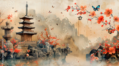 Zen Elegance: Serene Watercolor Scene of Cherry Blossoms and Pagodas