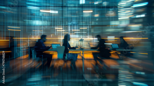 A group of business people working together in an office. Blurred motion with light trails on glass walls were visible in the background