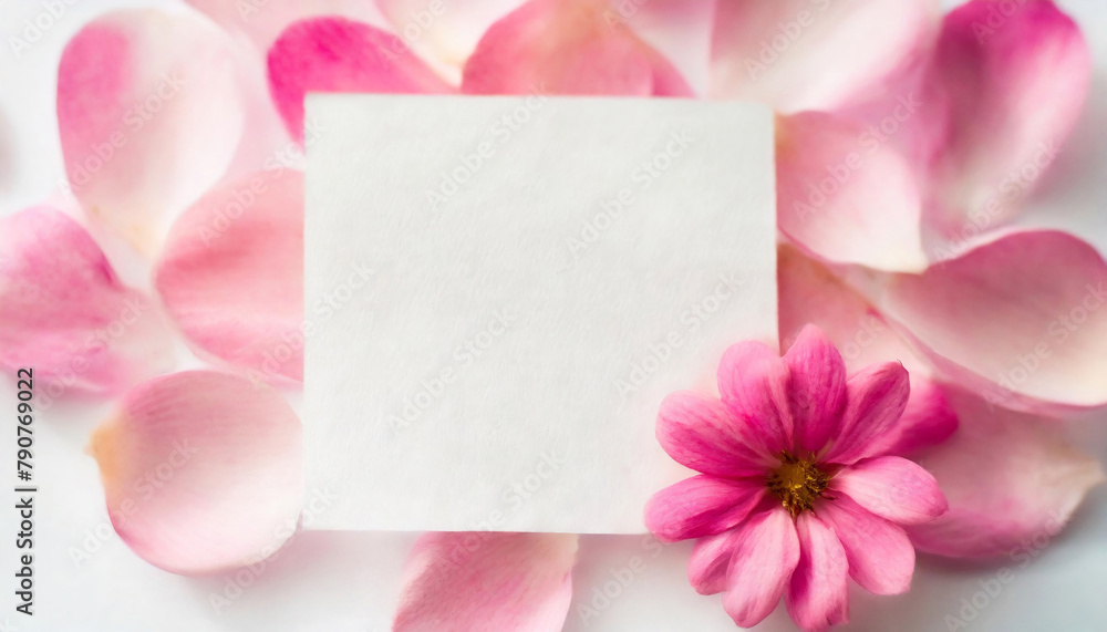 Blank white paper surrounded by soft pink petals on a white surface. Blank white paper surrounded by soft pink petals on a white surface.