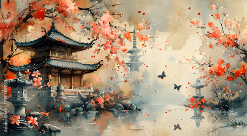 Butterfly Bliss: Delicate Watercolor Portrait of Serenity in a Japanese Garden