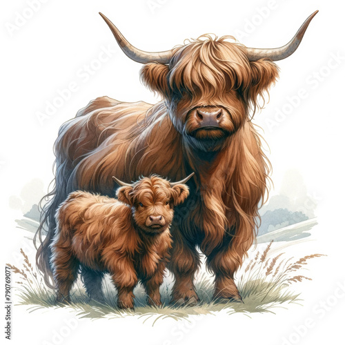 Highland Cow and Calf in the Field Illustration