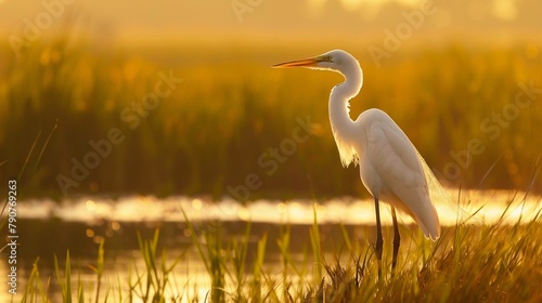 Stoic egret standing sentinel in the marsh, its slender form silhouetted against the golden hues of sunset. photo