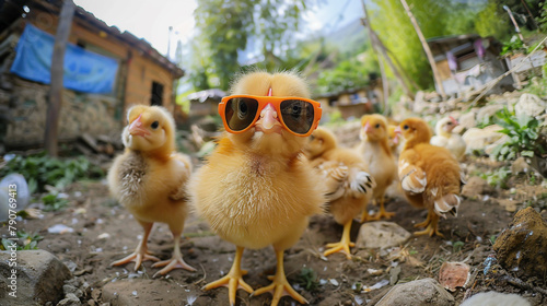 A group of cute baby chickens wearing sunglasses on the farm