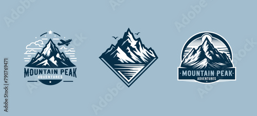 Set of vector outdoor discovery logos with mountain peak. Emblem for tour operators, Travel Agencies, Adventure Gear. Expedition symbol for Posters, Banners, T-shirts