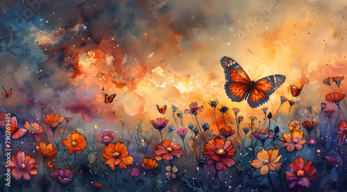 Cometary Symphony: Glowing Watercolor Panorama of Celestial Butterflies © Thien Vu