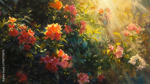 Sun-kissed flowers bask in the warm glow of sunlight, their vibrant hues illuminated against a backdrop of greenery.