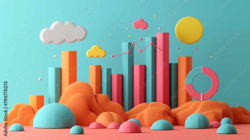 3d render of a landscape made of bar graphs and clouds in pastel colors