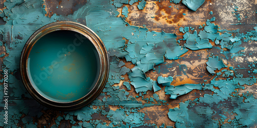 Rustic Metal Can with Teal-Turquoise Liquid & Grunge Texture