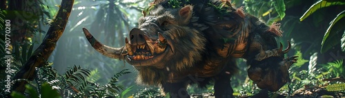 A dramatic scene featuring an orcboar hybrid in a dense jungle, using its tusks to uproot a tree, clearing a path for its clan , 3D render photo