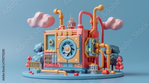 A colorful 3D rendering of a machine with pipes, clouds, and trees.