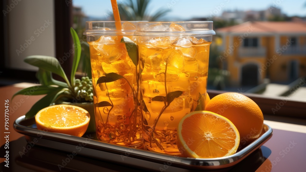 Orange slices under water, cocktail, orange drink, top view. Orange background. Orange slices under water, cocktail, orange drink, top view. Orange background.