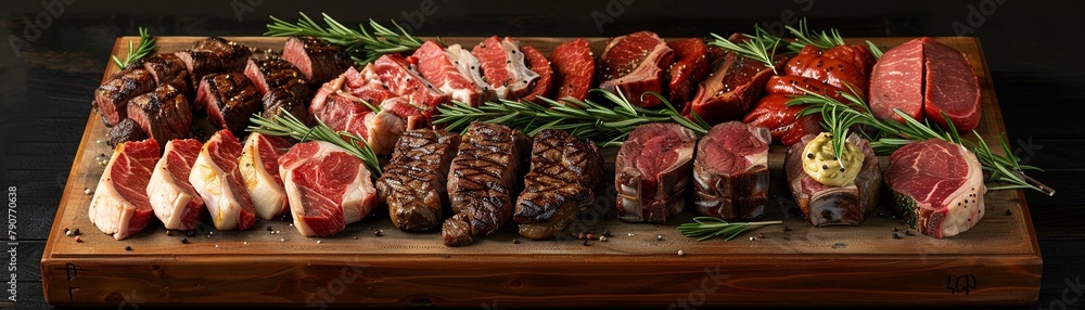 Artistic composition of different steak cuts displayed on a butcher block, highlighting variety and quality for a gourmet shop , high detailed Artistic composition of different steak cuts displayed on a butcher block, highlighting variety and quality for a gourmet shop , high detailed