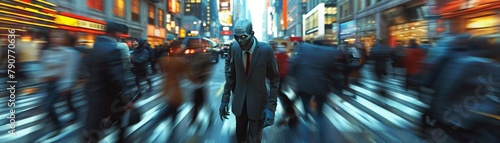 Business zombie walking on a busy street, blurred pedestrians and city traffic in the background, capturing the chaos of urban life , 3D render