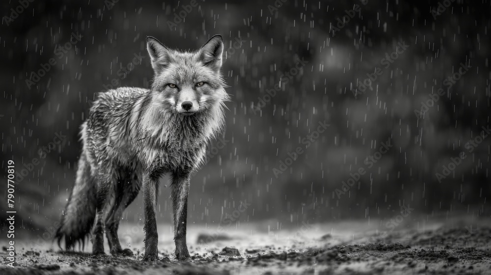 A black and white photography of a fox in the wild