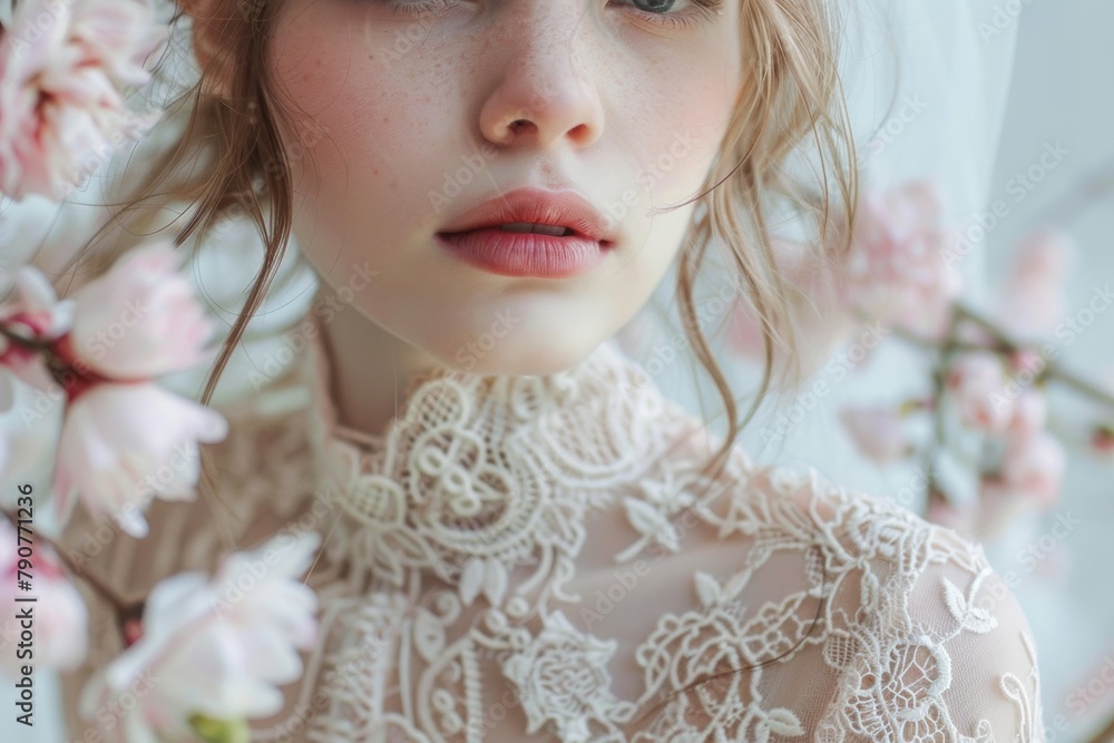 A dreamlike portrait of a young woman enveloped in spring blossoms, the embodiment of delicate, natural beauty.