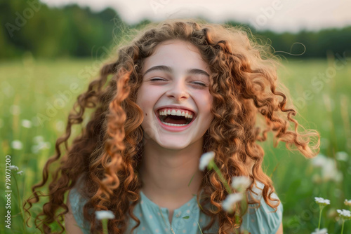 Fictional Caucasian young girl with curly hair happily laughing in the middle of a summer field. Concept of summer time, powerfully playful and daily moments of life.  photo