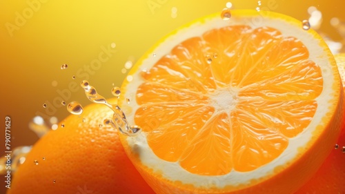 Orange slices under water, cocktail, orange drink, top view. Orange background.