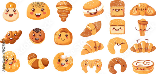 Funny tasty bakery pastries, cartoon happy breads faces character set, kawaii croissant and pastry