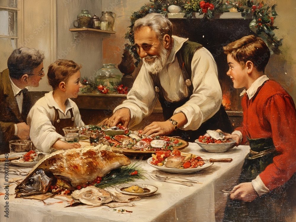 A man is serving food to three children at a table. The man is wearing a vest and apron. Scene is warm and inviting