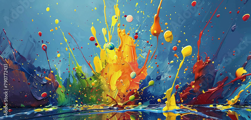 Energetic splatters and drips of oil paints cascading down the canvas, creating a dynamic abstract backdrop. photo