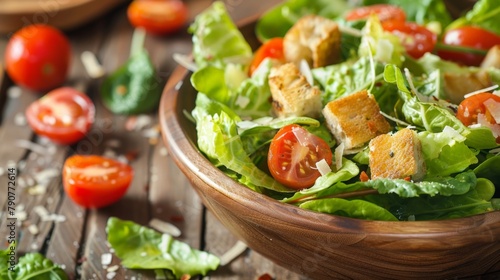Bowl of salad with croutons and tomatoes