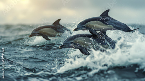 A group of dolphins are swimming in the ocean
