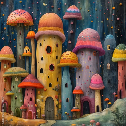 brightly colored houses in a fantasy world with a moon in the sky