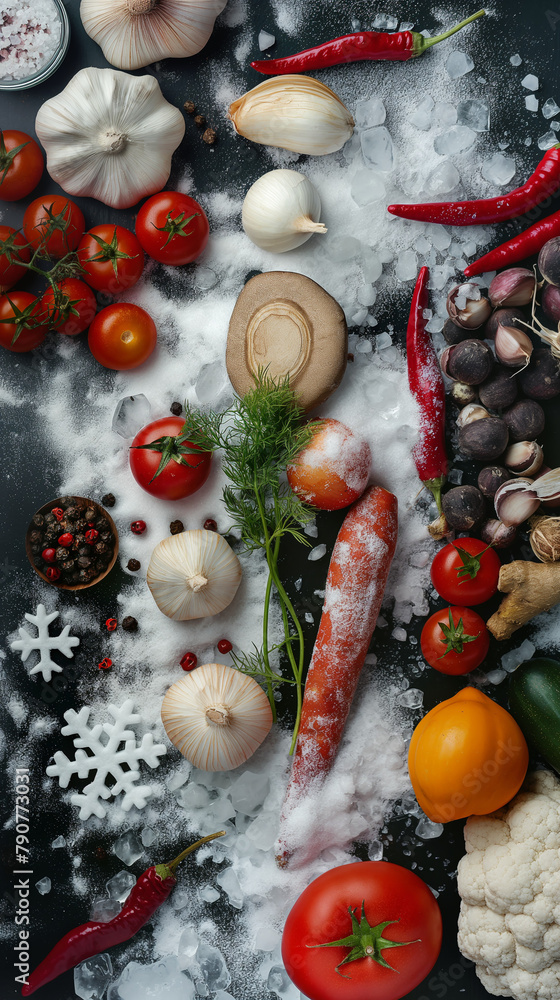 Elegant Winter-Themed Fresh Vegetables and Ingredients on Snow
