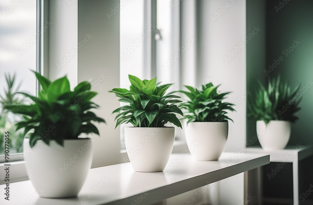green plants in white pots on the windowsill. landscaping of premises. oxygen saturation.