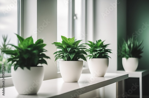 green plants in white pots on the windowsill. landscaping of premises. oxygen saturation.