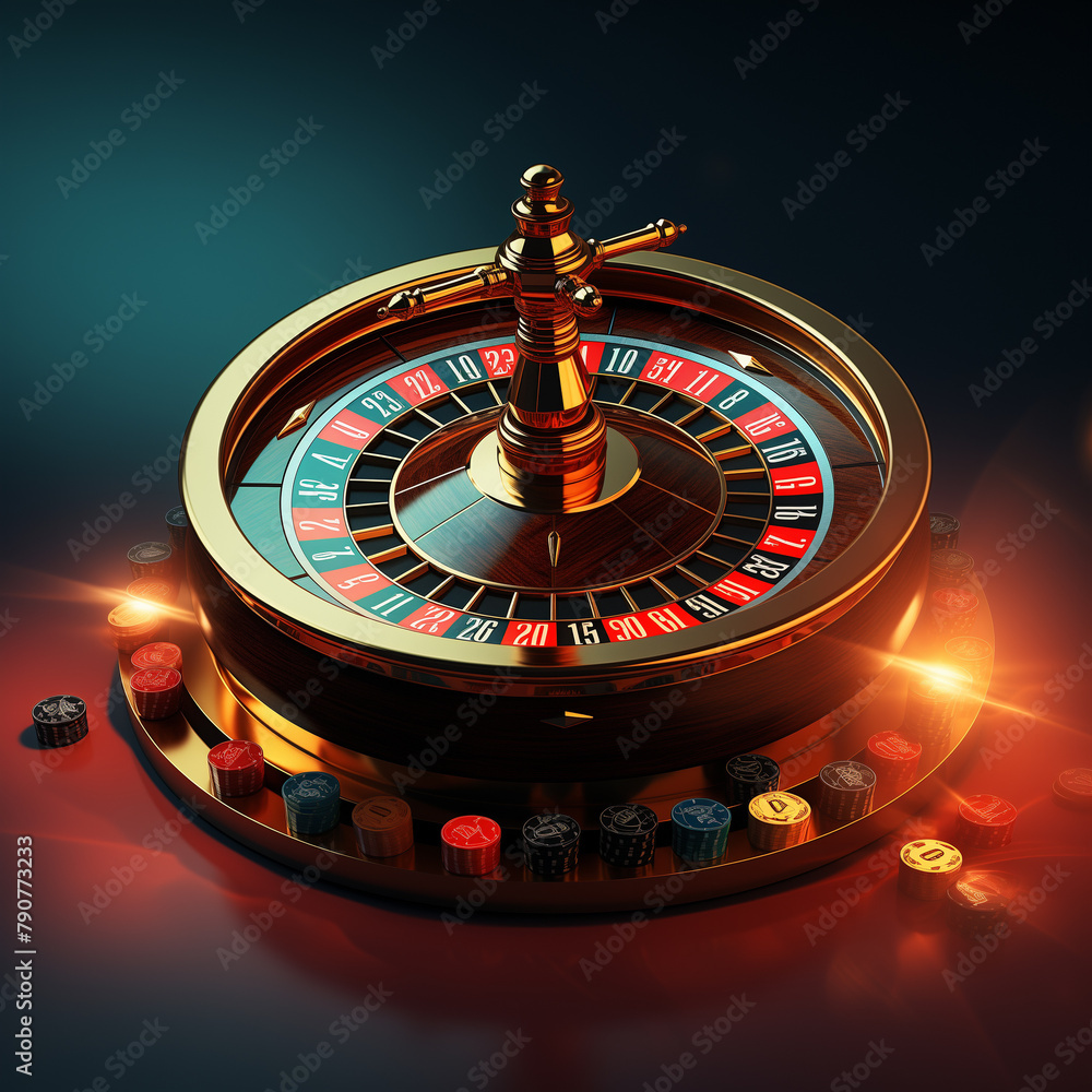 Roulette wheel and table in casino with chips, representing gambling, luck, leisure time, opportunity, and risk of betting Roulette wheel and table in casino with chips, representing gambling, luck, leisure time, opportunity, and risk of betting