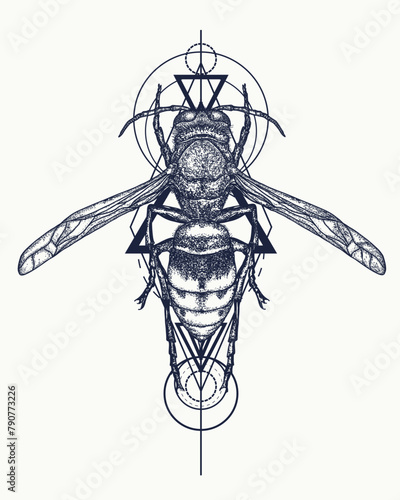 Magic bee. Wasp tattoo. Isects in sacred geometry style.  and t-shirt design photo