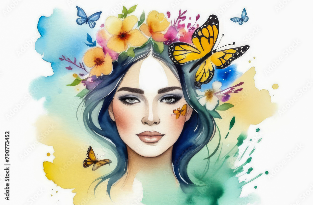 Beautiful, stylish, creative summer background. A fashionable spring portrait of a woman with flowers and butterflies on her head and in her hair. The concept of female beauty