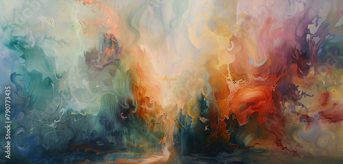 Ethereal wisps of color drifting across the canvas  as oil paints blend together to form a mystical abstract scene.